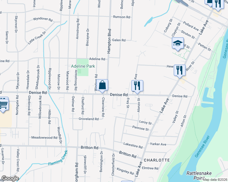 map of restaurants, bars, coffee shops, grocery stores, and more near 410 Denise Road in Rochester