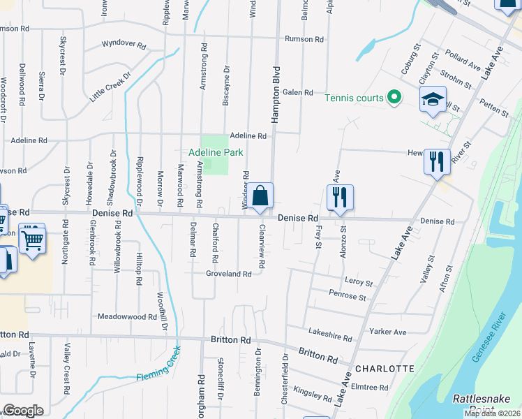map of restaurants, bars, coffee shops, grocery stores, and more near 464 Denise Road in Rochester