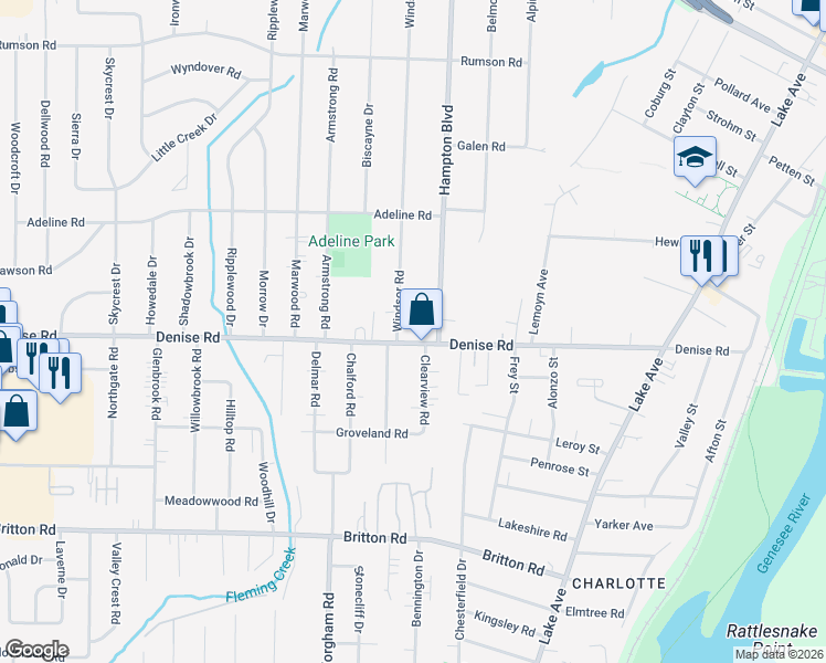 map of restaurants, bars, coffee shops, grocery stores, and more near 464 Denise Road in Rochester