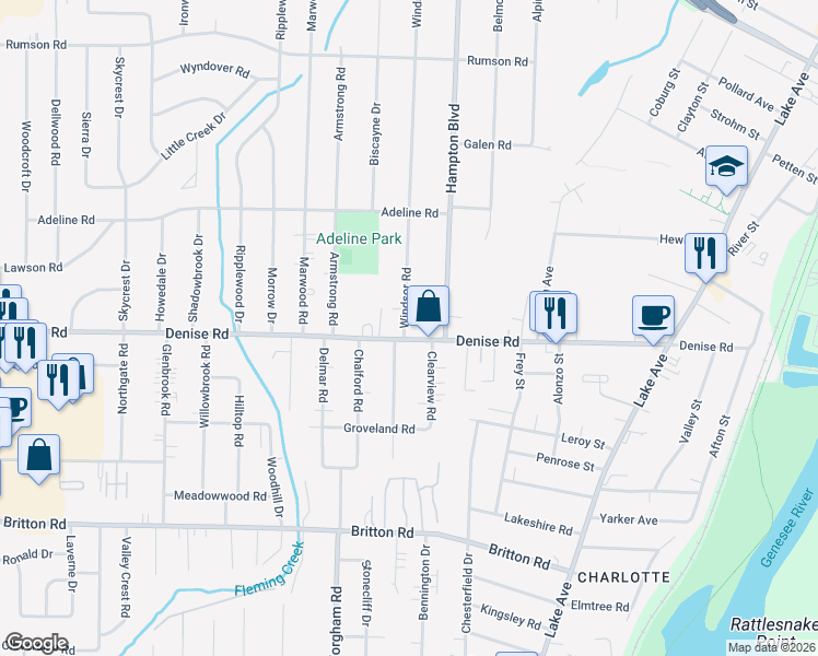 map of restaurants, bars, coffee shops, grocery stores, and more near 22 Windsor Road in Rochester