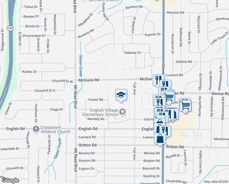 map of restaurants, bars, coffee shops, grocery stores, and more near 250 Killarney Drive in Rochester