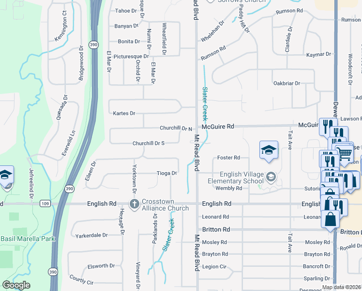 map of restaurants, bars, coffee shops, grocery stores, and more near 533 Churchill Drive in Rochester