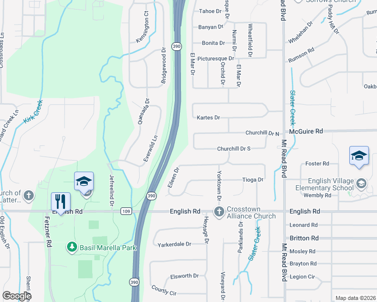map of restaurants, bars, coffee shops, grocery stores, and more near 333 Churchill Drive in Rochester