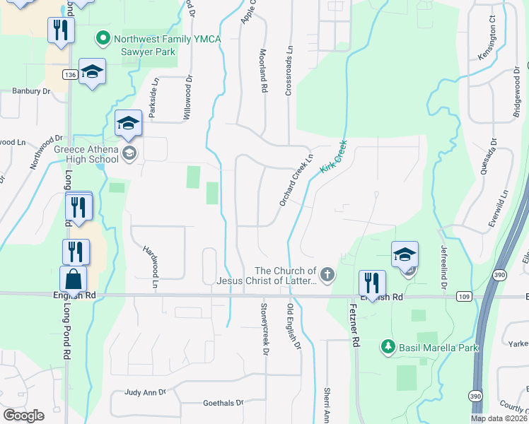 map of restaurants, bars, coffee shops, grocery stores, and more near 76 Orchard Creek Circle in Rochester