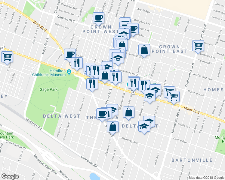 map of restaurants, bars, coffee shops, grocery stores, and more near in Hamilton