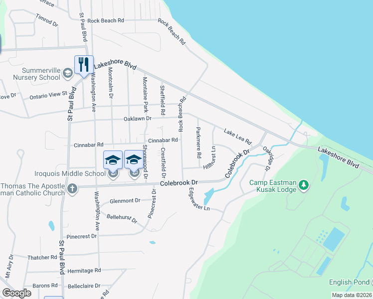 map of restaurants, bars, coffee shops, grocery stores, and more near 100 Rock Beach Road in Rochester