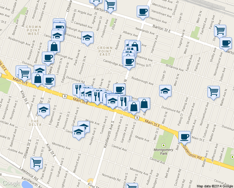 map of restaurants, bars, coffee shops, grocery stores, and more near in Hamilton