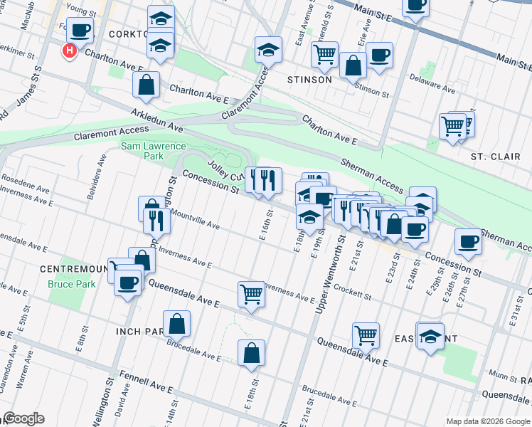 map of restaurants, bars, coffee shops, grocery stores, and more near 16 East 16th Street in Hamilton