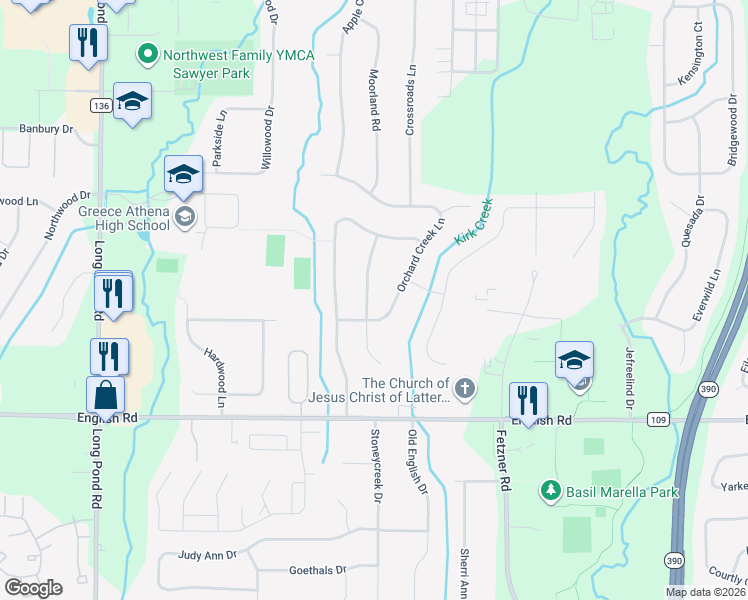 map of restaurants, bars, coffee shops, grocery stores, and more near 76 Orchard Creek Circle in Rochester