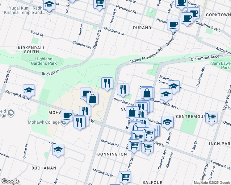map of restaurants, bars, coffee shops, grocery stores, and more near 87 West 5th Street in Hamilton