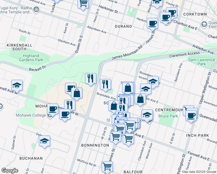 map of restaurants, bars, coffee shops, grocery stores, and more near 102 Arcade Crescent in Hamilton
