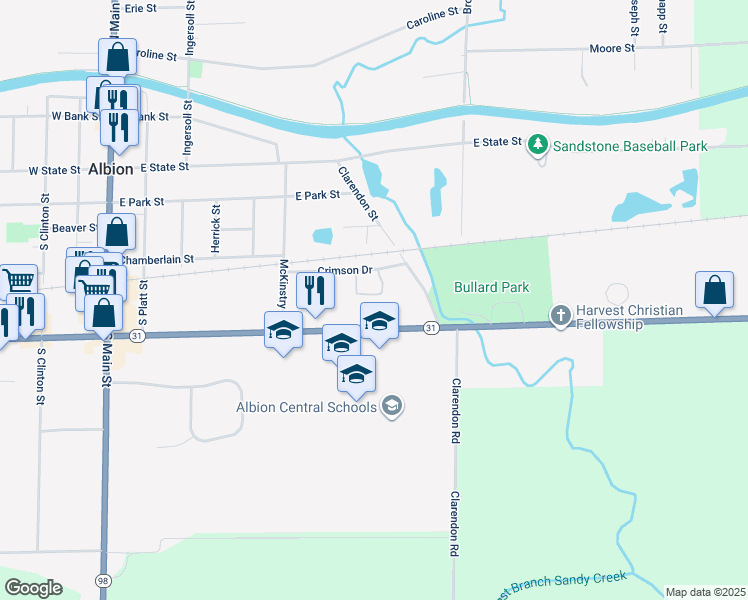 map of restaurants, bars, coffee shops, grocery stores, and more near 345 Crimson Drive in Albion