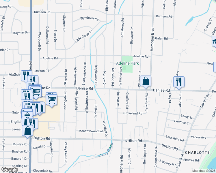 map of restaurants, bars, coffee shops, grocery stores, and more near 672 Denise Road in Rochester