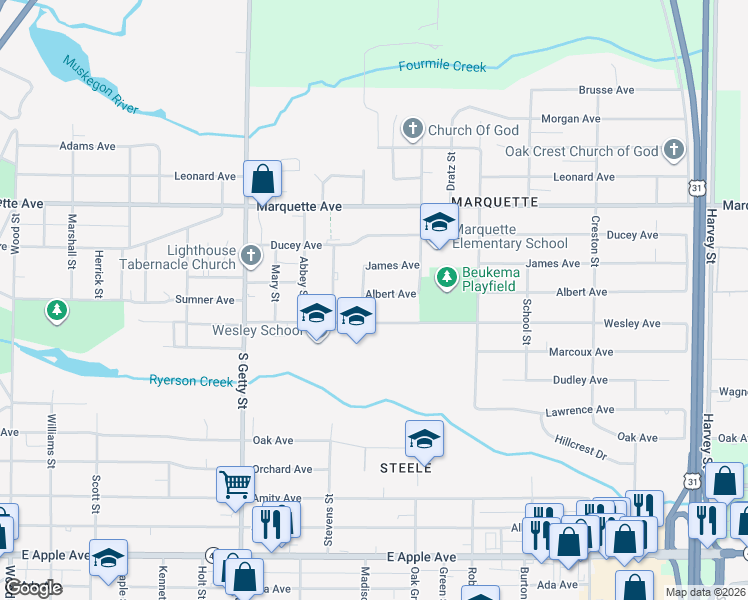 map of restaurants, bars, coffee shops, grocery stores, and more near 1025 Albert Avenue in Muskegon