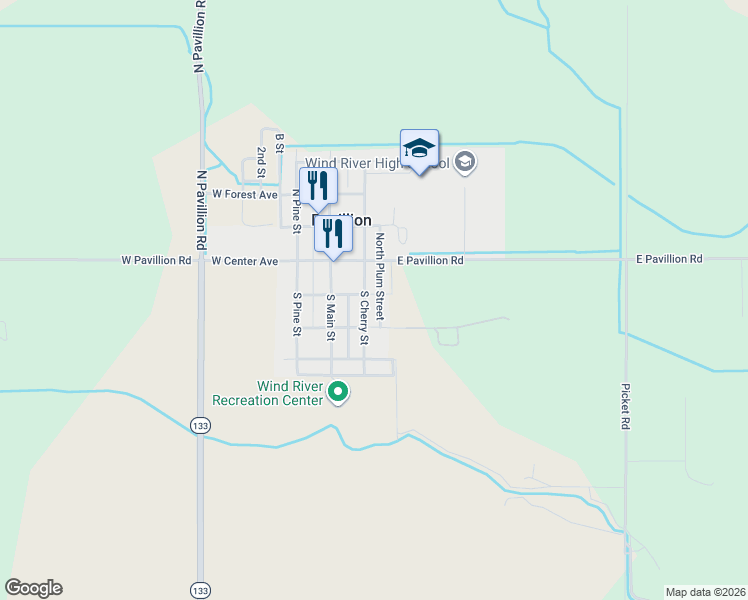 map of restaurants, bars, coffee shops, grocery stores, and more near 203 South Cherry Street in Pavillion