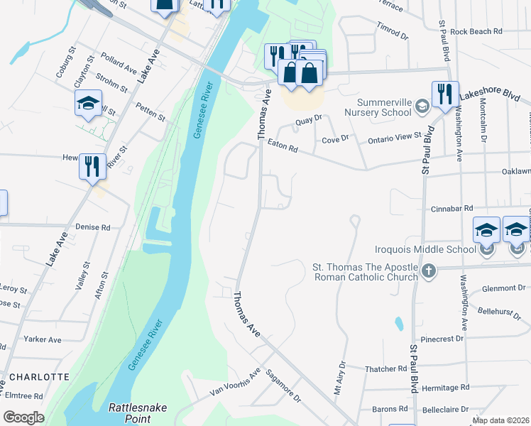 map of restaurants, bars, coffee shops, grocery stores, and more near 15 Harbor Hill Drive in Rochester