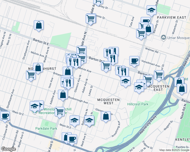 map of restaurants, bars, coffee shops, grocery stores, and more near in Hamilton