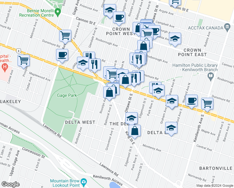 map of restaurants, bars, coffee shops, grocery stores, and more near in Hamilton