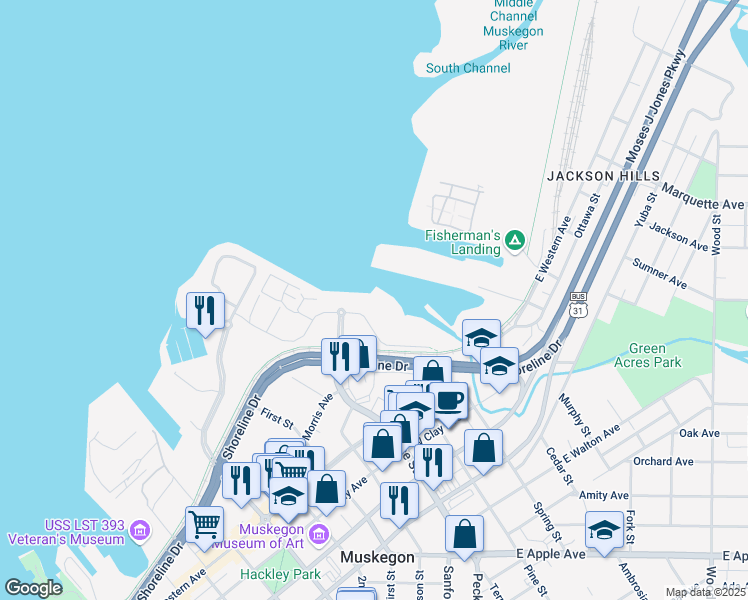 map of restaurants, bars, coffee shops, grocery stores, and more near Viridian Drive in Muskegon
