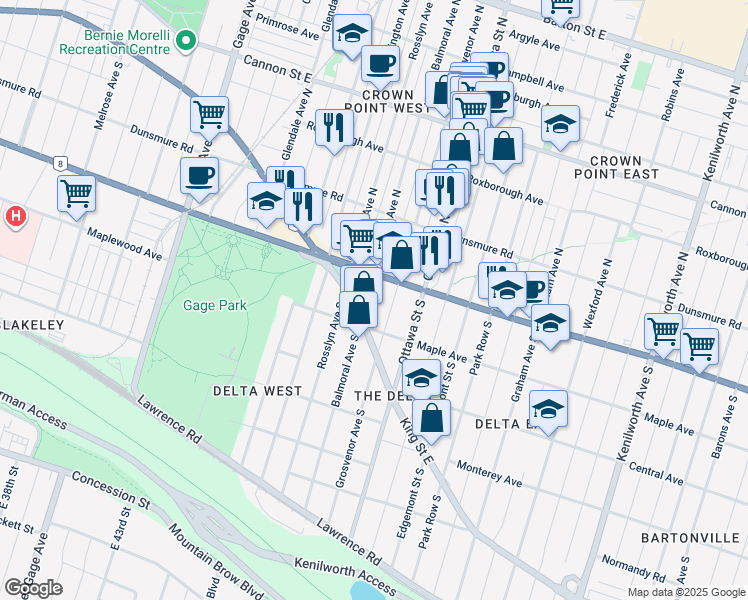 map of restaurants, bars, coffee shops, grocery stores, and more near 21 Balmoral Avenue South in Hamilton