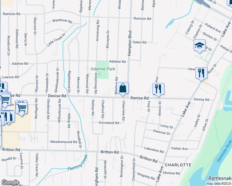 map of restaurants, bars, coffee shops, grocery stores, and more near 22 Windsor Road in Rochester
