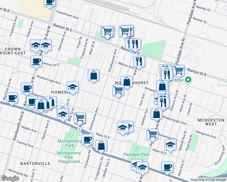 map of restaurants, bars, coffee shops, grocery stores, and more near 150 Normanhurst Avenue in Hamilton