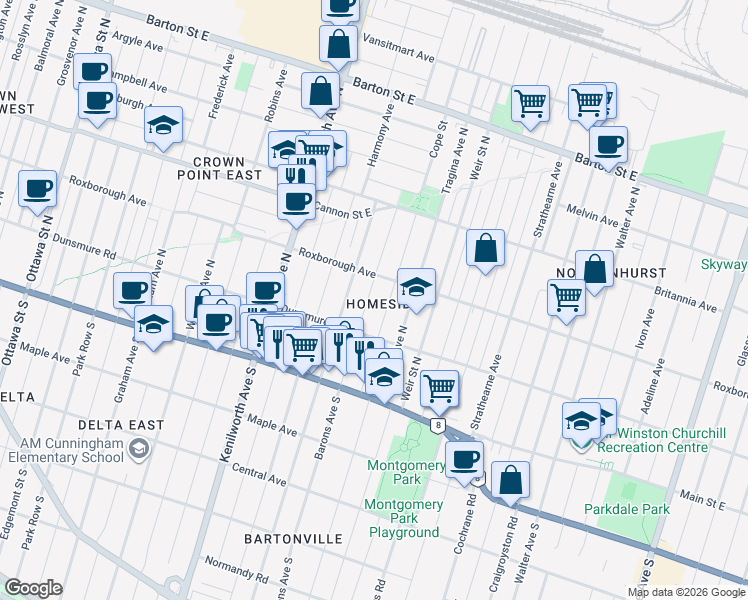 map of restaurants, bars, coffee shops, grocery stores, and more near 84 Barons Avenue North in Hamilton