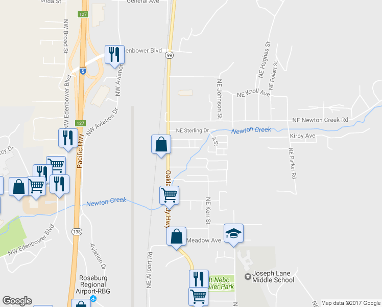map of restaurants, bars, coffee shops, grocery stores, and more near 2651 Northeast Stephens Street in Roseburg
