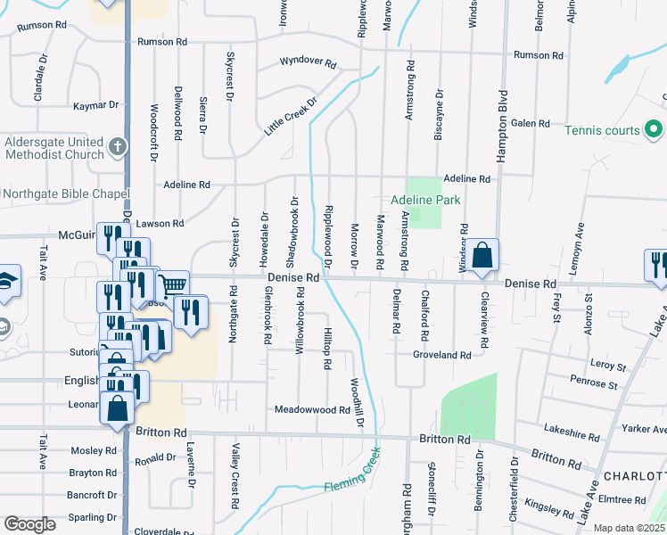 map of restaurants, bars, coffee shops, grocery stores, and more near 728 Denise Road in Rochester