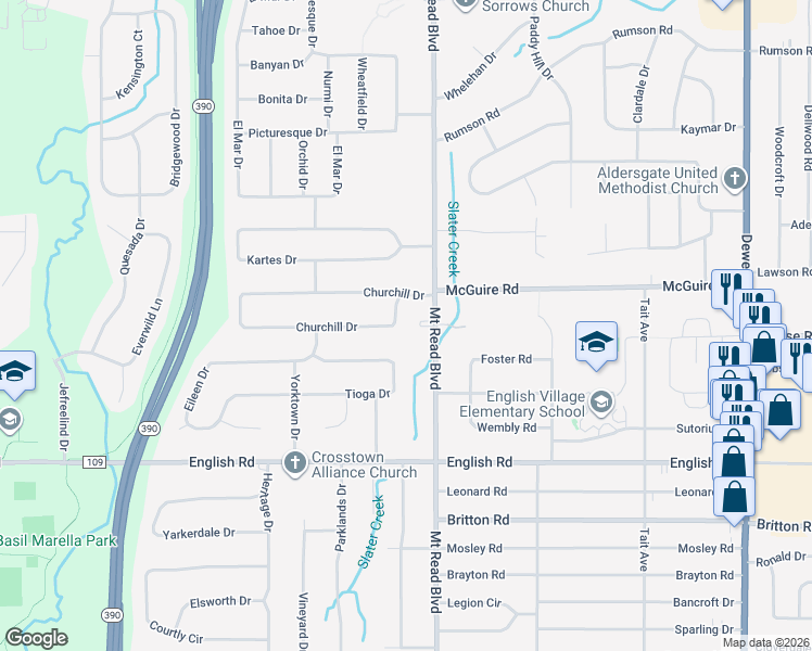 map of restaurants, bars, coffee shops, grocery stores, and more near 533 Churchill Drive in Rochester