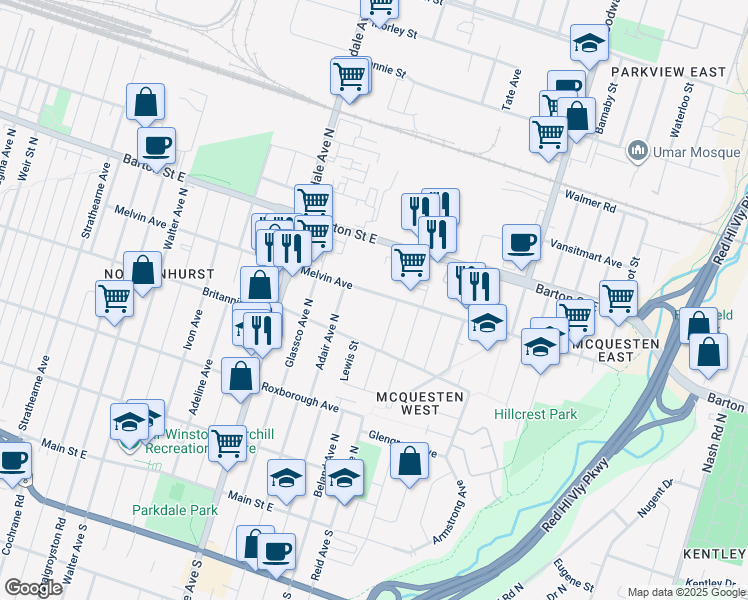 map of restaurants, bars, coffee shops, grocery stores, and more near in Hamilton