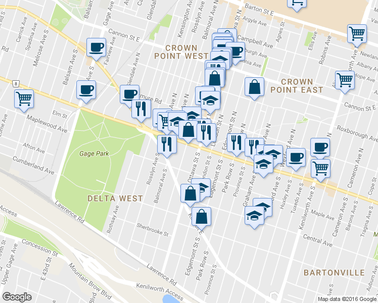 map of restaurants, bars, coffee shops, grocery stores, and more near in Hamilton