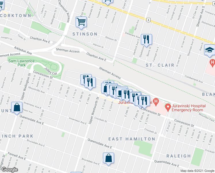 map of restaurants, bars, coffee shops, grocery stores, and more near 555 Concession Street in Hamilton