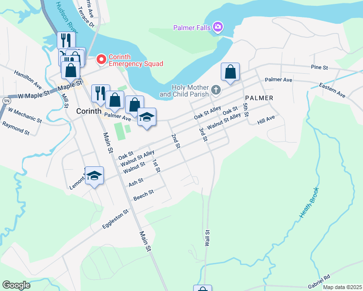 map of restaurants, bars, coffee shops, grocery stores, and more near 201 Walnut Street in Corinth