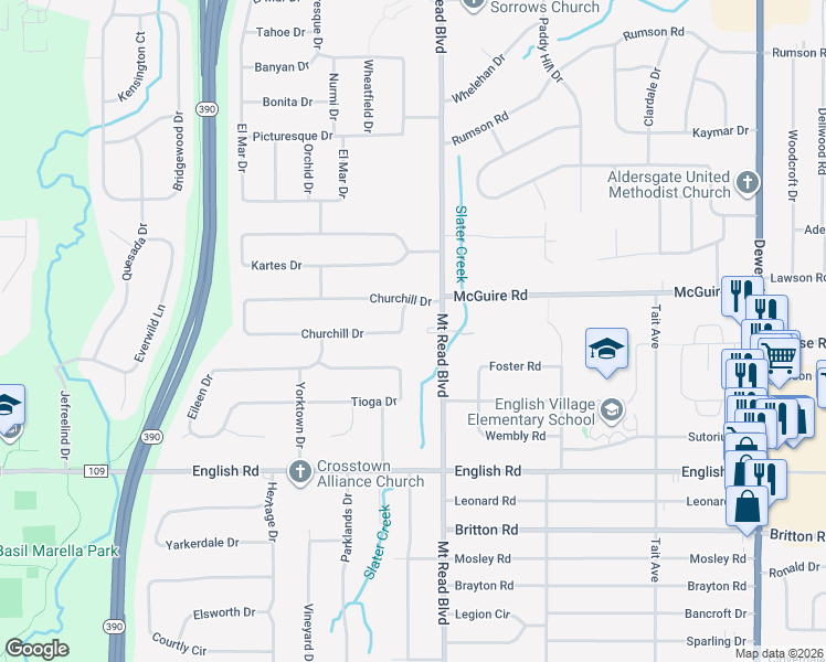 map of restaurants, bars, coffee shops, grocery stores, and more near 533 Churchill Drive in Rochester