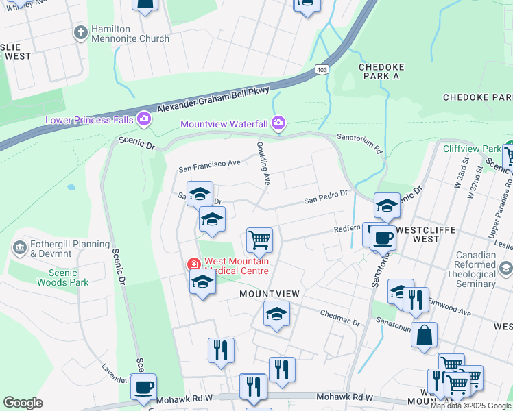 map of restaurants, bars, coffee shops, grocery stores, and more near San Pedro Drive in Hamilton