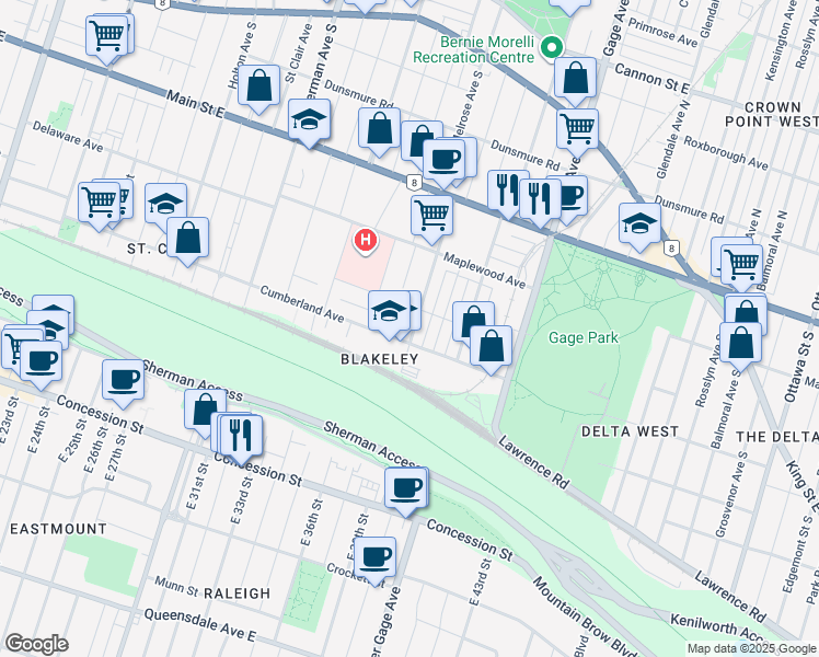map of restaurants, bars, coffee shops, grocery stores, and more near 260 Prospect Street South in Hamilton