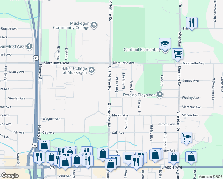 map of restaurants, bars, coffee shops, grocery stores, and more near 577 Suelane Street in Muskegon
