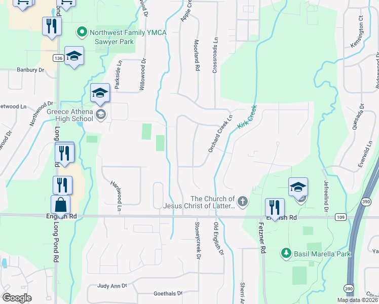 map of restaurants, bars, coffee shops, grocery stores, and more near 76 Orchard Creek Circle in Rochester