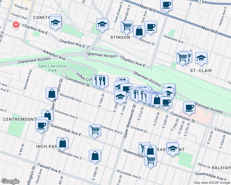 map of restaurants, bars, coffee shops, grocery stores, and more near 421 Concession Street in Hamilton