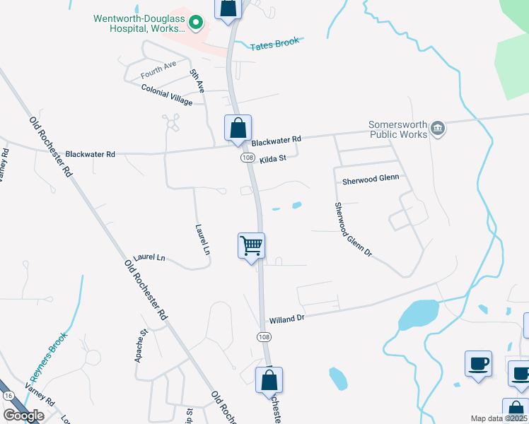 map of restaurants, bars, coffee shops, grocery stores, and more near 183 New Hampshire 108 in Somersworth