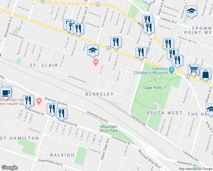 map of restaurants, bars, coffee shops, grocery stores, and more near in Hamilton