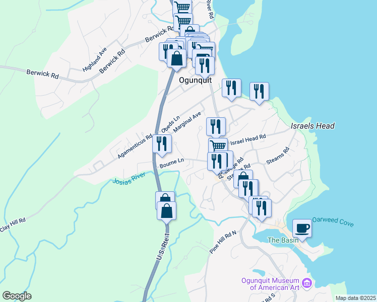 map of restaurants, bars, coffee shops, grocery stores, and more near 40 Bourne Lane in Ogunquit