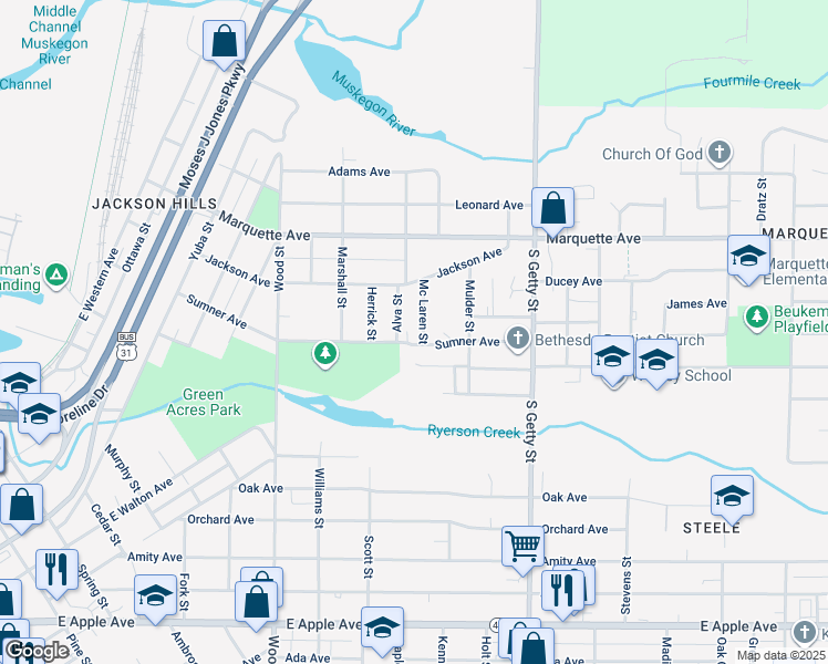 map of restaurants, bars, coffee shops, grocery stores, and more near 557 Mc Laren Street in Muskegon