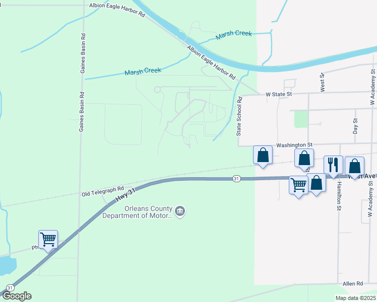 map of restaurants, bars, coffee shops, grocery stores, and more near 3595 State School Road in Albion