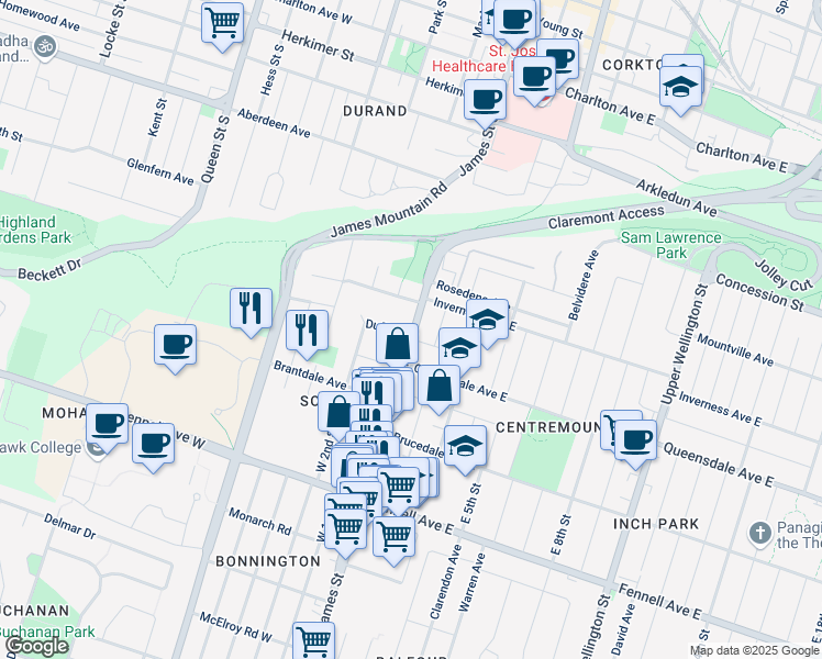 map of restaurants, bars, coffee shops, grocery stores, and more near 2 Duff Street in Hamilton