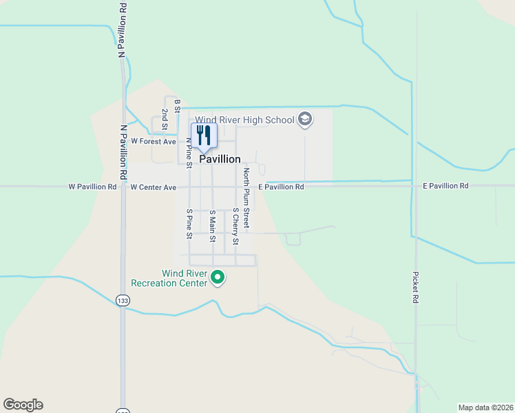 map of restaurants, bars, coffee shops, grocery stores, and more near 203 S Cherry St in Pavillion