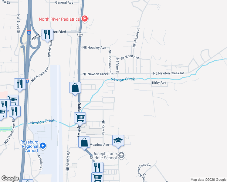 map of restaurants, bars, coffee shops, grocery stores, and more near 113 Northeast Athena Lane in Roseburg