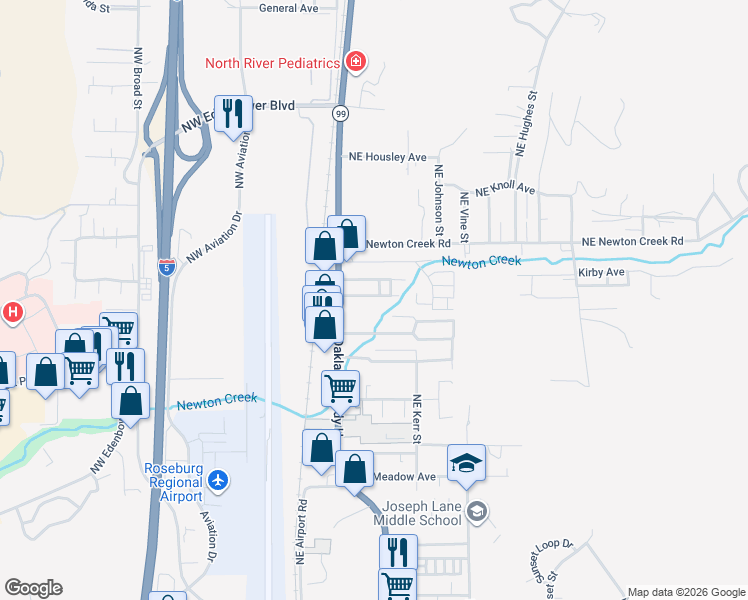 map of restaurants, bars, coffee shops, grocery stores, and more near 2651 Northeast Stephens Street in Roseburg