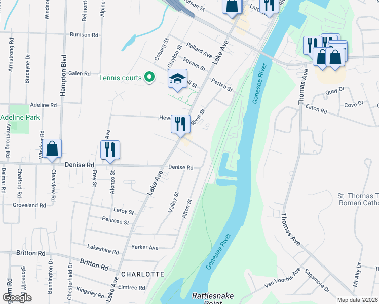 map of restaurants, bars, coffee shops, grocery stores, and more near 19 Hughes Place in Rochester